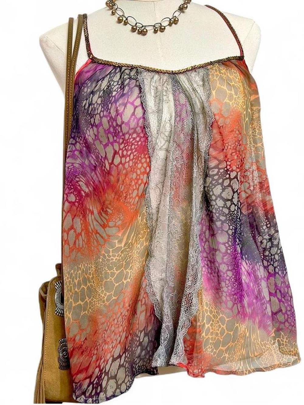 Free People orange purple gray boho butterfly leopard sheer flowy tank top fairy